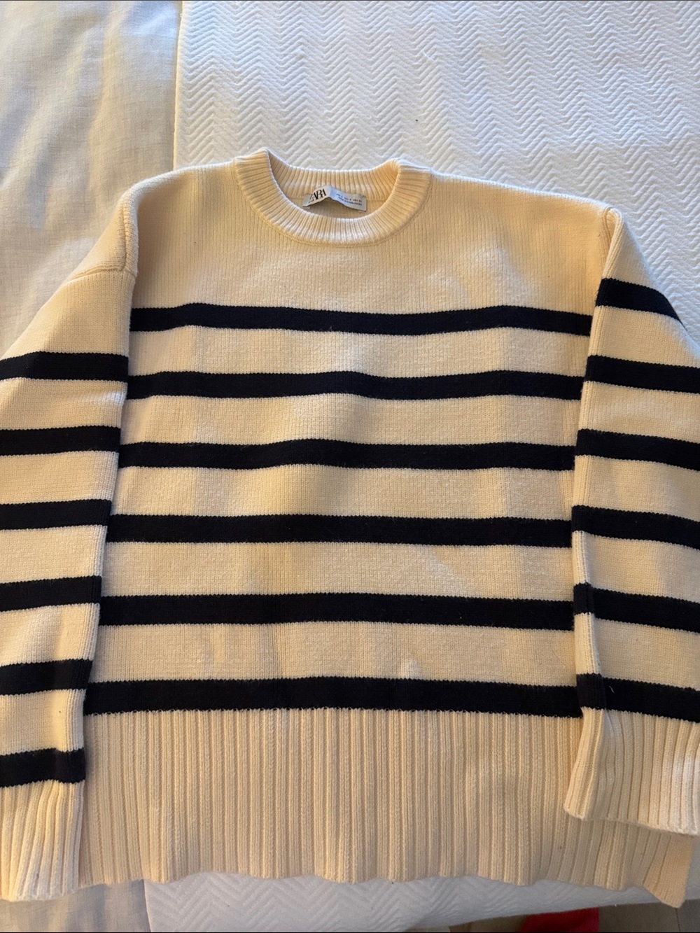 Zara Cream and navy Striped Crewneck Sweater